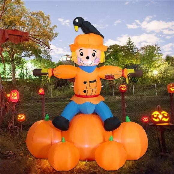 5FT Decoration Lighted Air Blown Scarecrow Sitting on Pumpkin Built-in LED Light - Picture 1 of 8